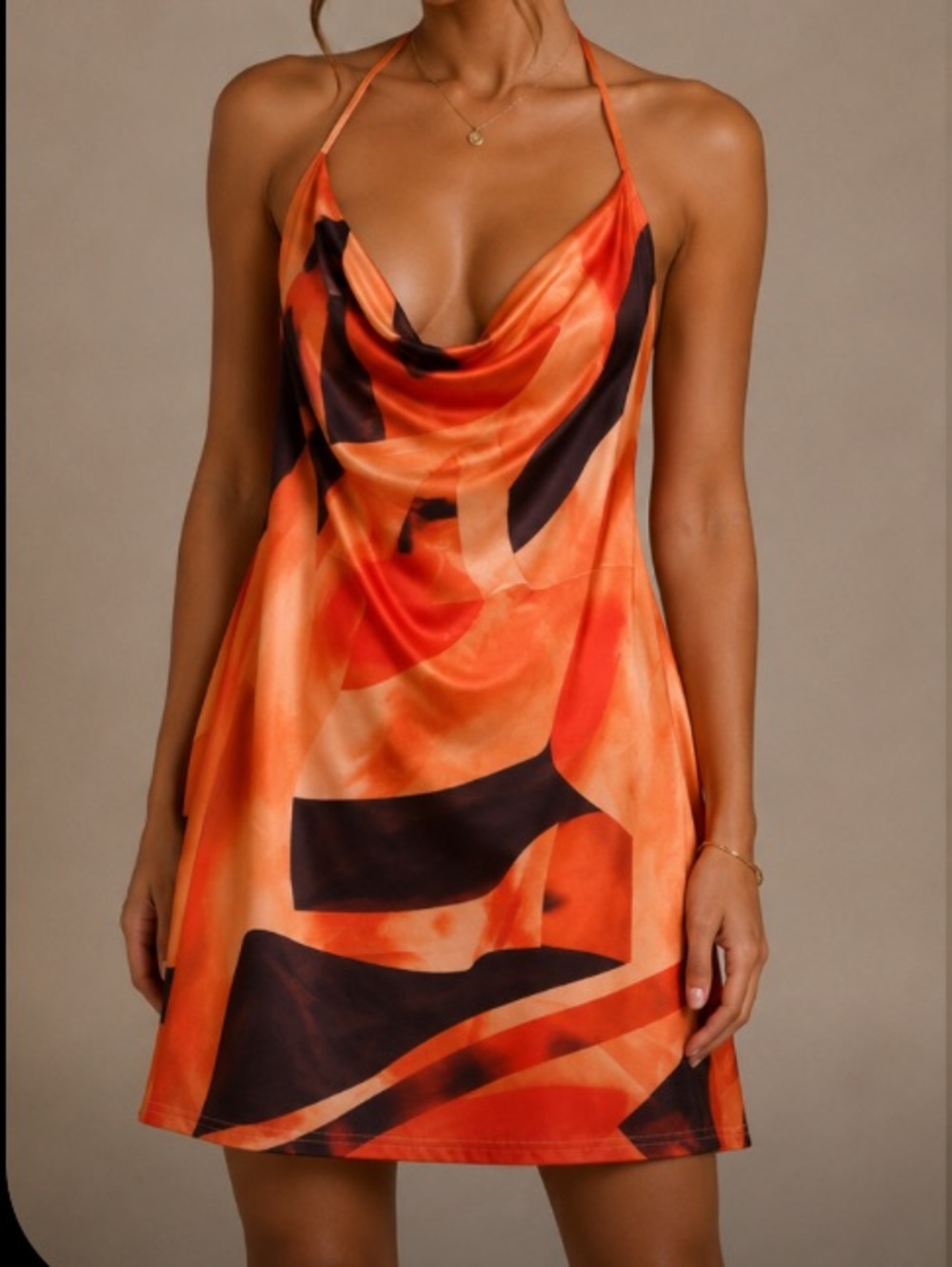 Red Abstract Print Mini Dress with Cowl Neck